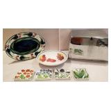 Tin retro bread box, bowl, platter, little trays