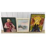 3 paintings on canvas - city, beach, pope