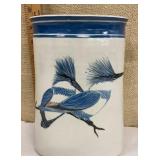 Blue banded stoneware vase w/ birds - signed