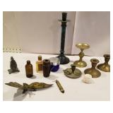 Brass candle holders, perfume bottles, brass