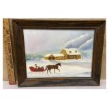 Folksy artist signed painting on canvas - winter