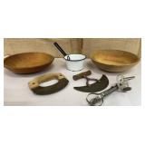 Early kitchen utensils & 2 turned bowls