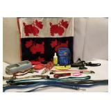 Dog items lot - dishes, wool dog blanket, comb,