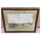 Framed watercolor - pastoral scene w/ cows approx