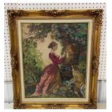 Ornately framed cross-stitch young lady painting