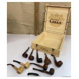 Wine box w/ collection of old pipes - the bison