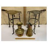 Pair of kettle/trivet stands & 2 brass pitchers