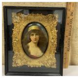 Framed painted porcelain plate in shadowbox