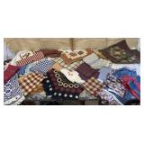 Box of country table linens, runners, placemats