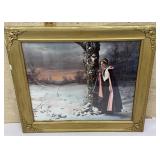 Framed painted photo - lady w/ cloak in snow
