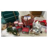 2 tubs & a box of Christmas village houses, decor