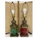 Pair of lantern table lamps - red & green glass