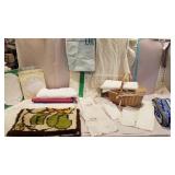 Wicker basket, napkins, tablecloths, knitted