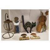Tin candle lantern, pumpkin, wooden cat, etc