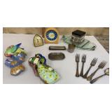 Wall pockets, vintage clocks, flatware, inkwell