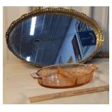 Pink depression glass dish & mirror