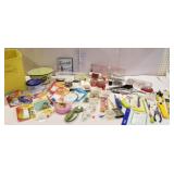 Yellow tote of sewing items, needles, scissors,