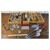 Bamboo cutlery trays w/ mixed flatware & utensils