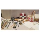Lot of fabric swears, crochet hooks, wicker