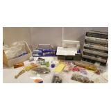 Metal frame bead loom, wooden tote, bags of