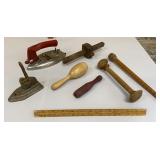 Old spools, sock darner, irons etc