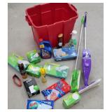 Red tub of cleaning products