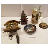 Kuckoo clock, stein, enamel bowl, Cast iron tree,