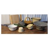 Box vintage kitchen enamelware, wooden bowl,