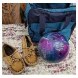 Bowling ball, shoes, bag