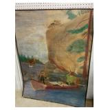 Folksy painting on cardboard - hunters canoeing w/