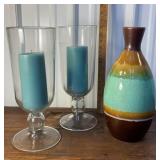 Pretty pottery vase & pair of candeholders