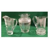 2 glass pitchers & vase