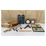 Wine related - corkscrews, signs, basket etc