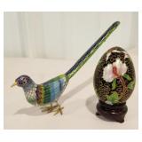 Vintage Cloisonne egg, metal peacock