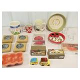 Salt and pepper shakers, salts dishes, candle