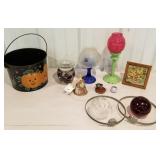 Candle holders, candles, pumpkin tin pail, 2 glass