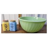 Jadeite fire King bowl & pr of McCormick Tappan