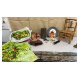 Retro curtains, childs chair, baseball glove,