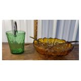 Green depression glass ice bucket and Amber salad