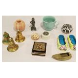 Glass bells, metal boy statue, pair of Chinese