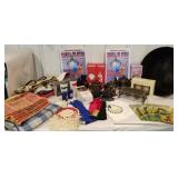 Teapots, party tub, purses, doilies, cast iron