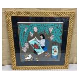 Colorful abstract print - mother sewing w/ baby