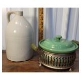 Unusual stoneware casserole w/holder & ES&B