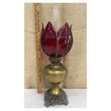 Oil lamp w/ ruby red lotus shade