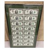 Double-sided framed 2 dollar bills approx 15"x24"