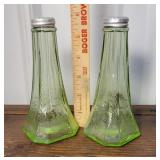 Pair tall green depression glass salt and peppers