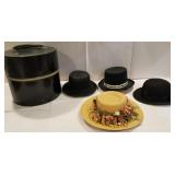 3 black hats all signed and a straw hat, hat case