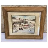 Folksy framed watercolor - snowy village w/