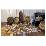 Basket- sad irons, wooden wear, old light,