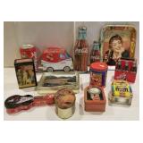 Coca-Cola tins, tray, 2 lunch boxes, bank, etc